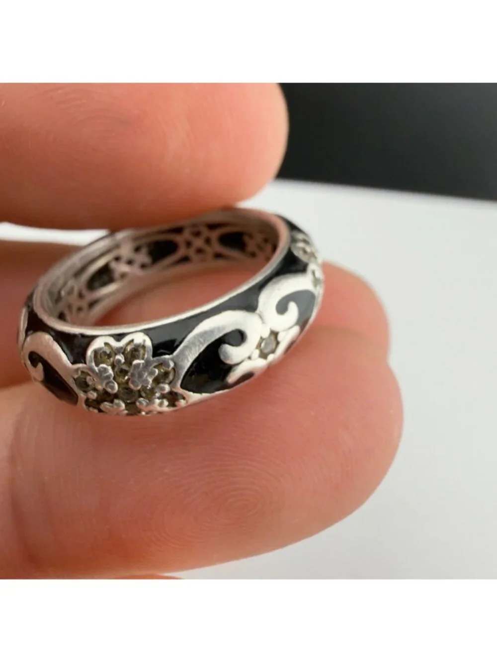 Hidalgo Sterling Silver Black Enamel CZ 925 Band Ring Size 7